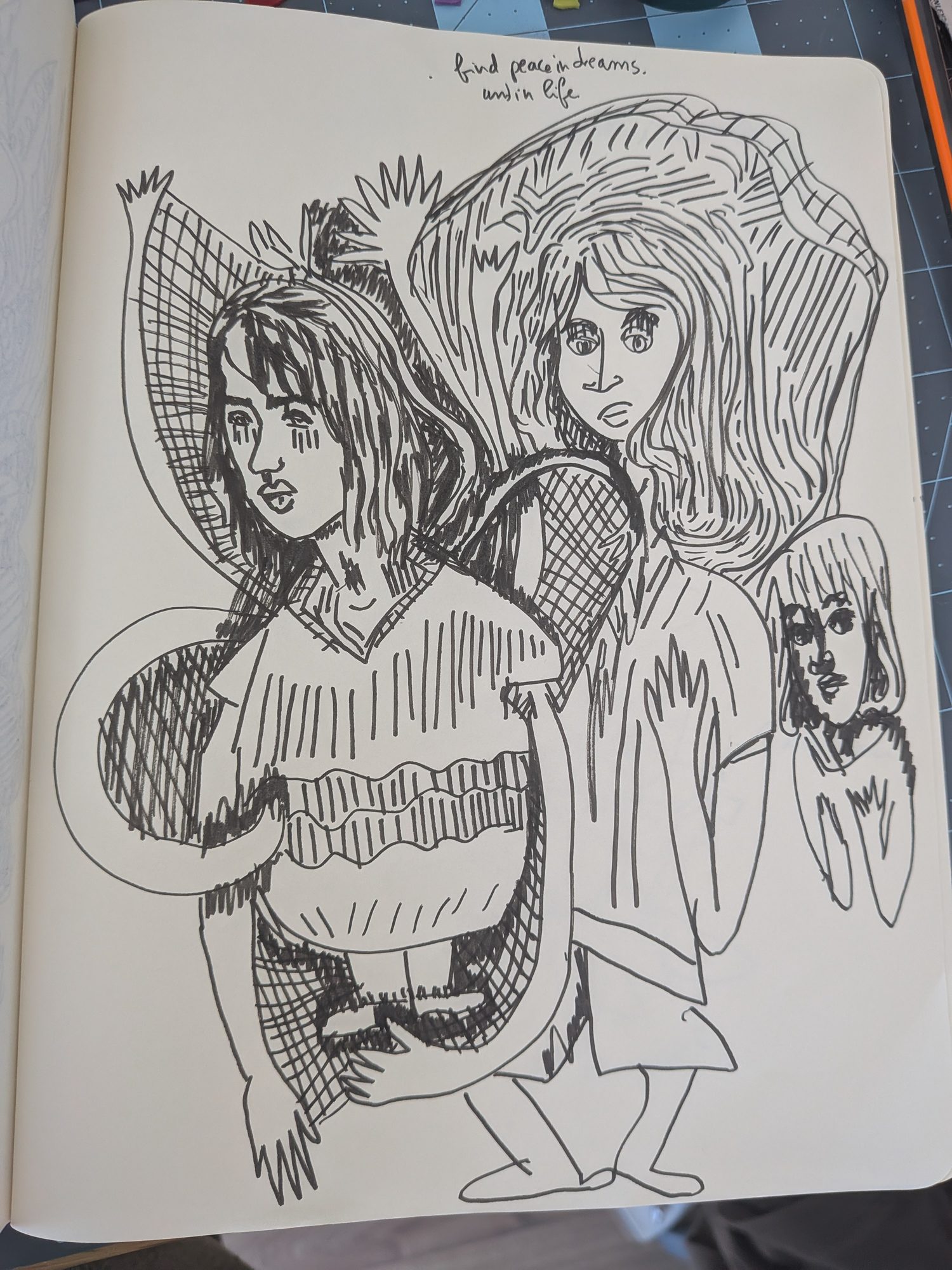 Drawing, 2026, ink in a sketchbook — Find peace in dreams