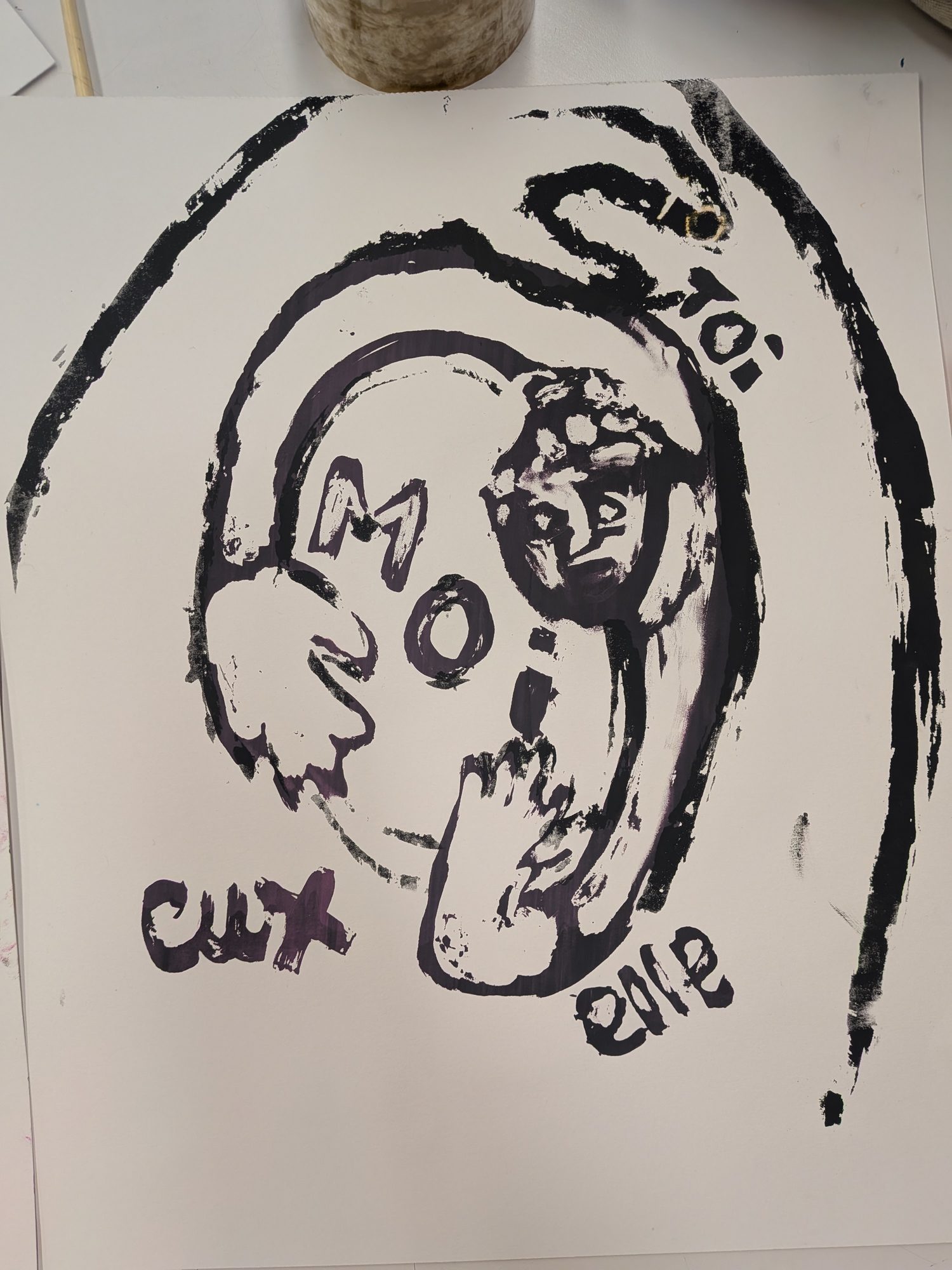 Screen print, 2026, black and purple ink on paper — Toi, moi, eux, elle