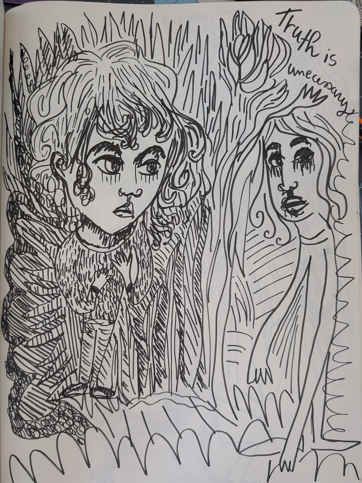 Drawing, 2026, ink in a sketchbook — Truth is unnecessary